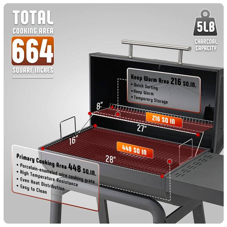 Feasto 28in BBQ Barrel Charcoal Grill With Side Shelf, Heavy Duty Outdoor BBQ Grill with 664 Square inches Cooking Area