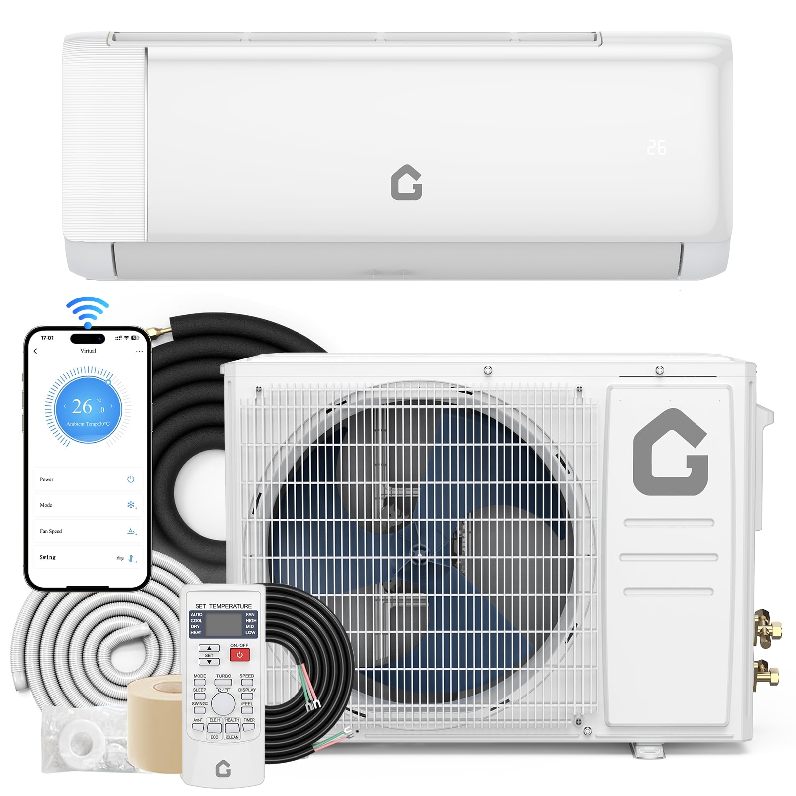 12000 BTU Ductless Mini Split AC & Heat Pump, 21 SEER, 230V Inverter, WiFi/Alexa, Covers 750 Sq.Ft, Install Kit Included