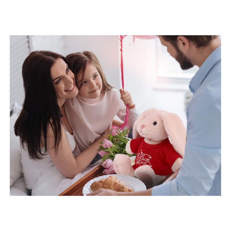 DolliBu I LOVE YOU Super Soft Baby Pink Rabbit Plush with Red Shirt - 8 inches