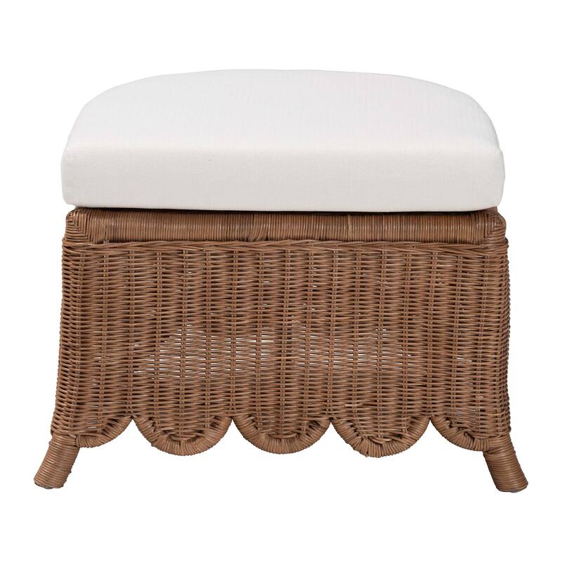 Detta Natural Rattan Footstool with Cushion - Handwoven Wicker Ottoman with Scalloped Skirt Base for Coastal Seating