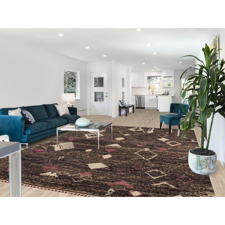 Brown Plush Moroccan Area Rug Hand-Knotted Living Room Wool Carpet - 9'0" x 12'5"