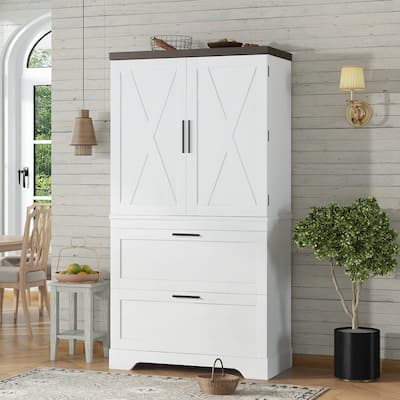 Farmhouse Wooden Storage Cabinet Buffet Cabinet, X-shaped Barn Door Sideboard with Shelves & 2 Large Drawers