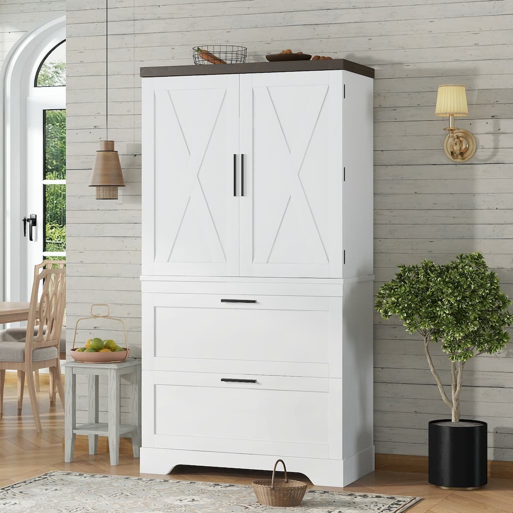Farmhouse Wooden Storage Cabinet Buffet Cabinet, X-shaped Barn Door Sideboard with Shelves & 2 Large Drawers