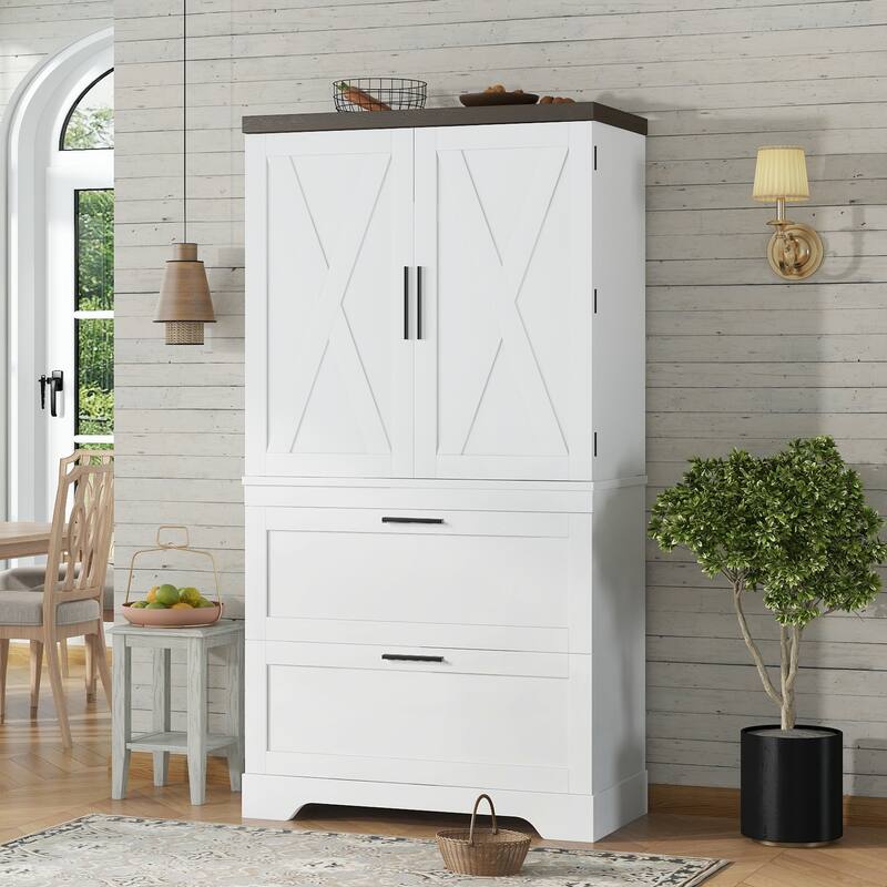 Roomfitters Modern Farmhouse Kitchen Storage Cabinet with Adjustable Shelves and Inside Door Organizer, White
