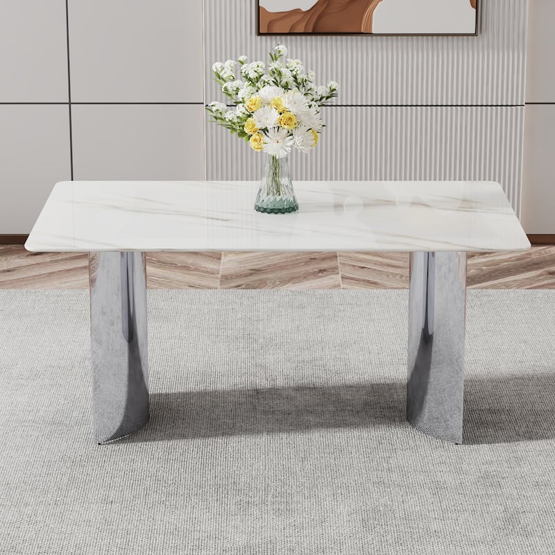 Modern minimalist dining table. White imitation marble glass sticker desktop