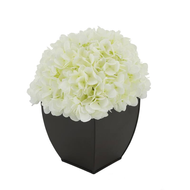 Faux Hydrangea in Matte Brown Tapered Zinc Cube - White