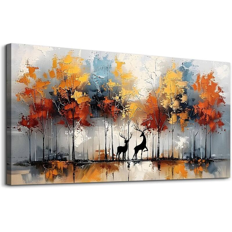 Textured Abstract Wall Pictures Elk Forest Landscape Paintings - 24 x 48