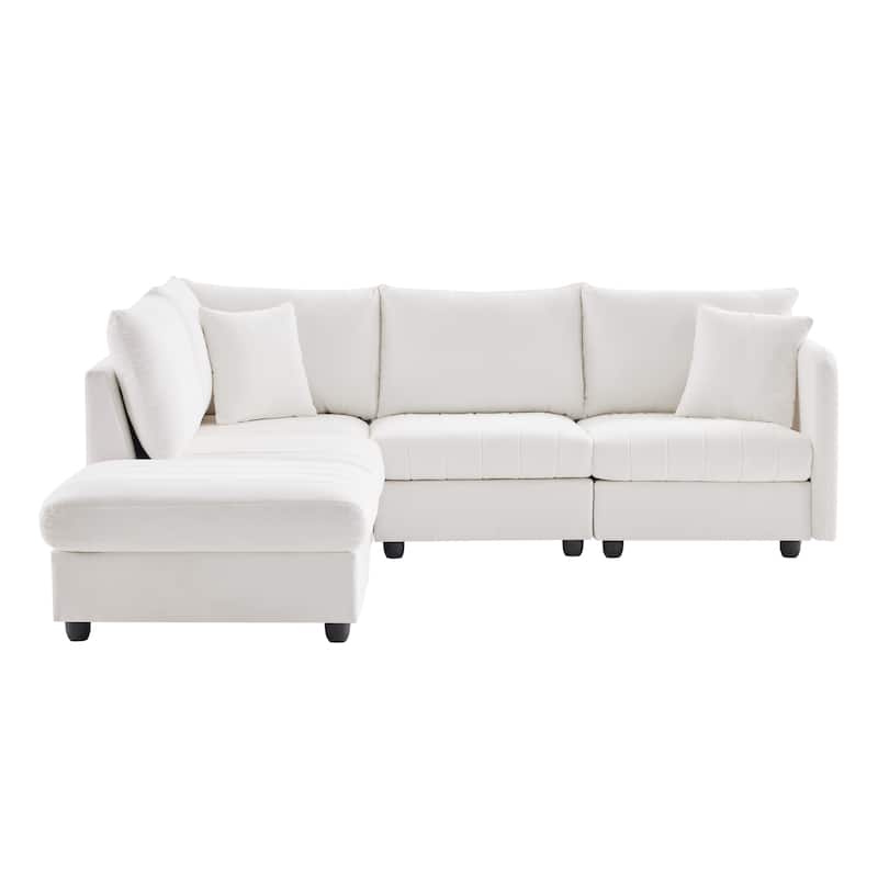 89x79x32" White 5-Seat Sectional Sofa with Ottoman, Stripes, 2 Pillows, L-Shape, Living Room