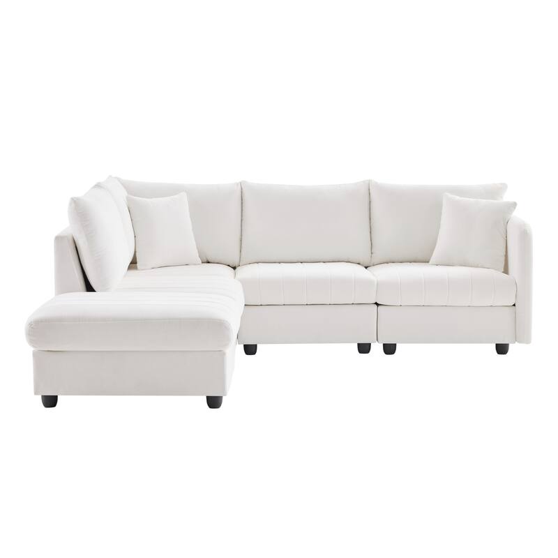 Modular L-Shaped Sectional Sofa with Movable Ottoman, 5 Seat Corner Couch with Throw Pillows, Comfy Cloud Upholstered Sofa
