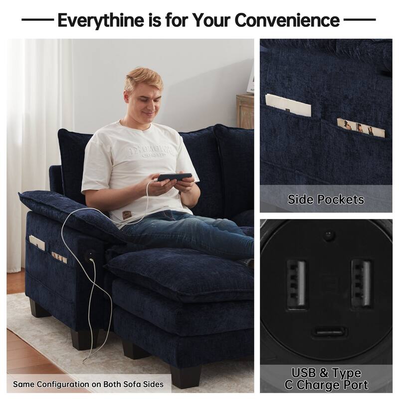 144" Modular Compression Sofa Set Convertible Sectional Sleeper Couch with 2 Ottomans