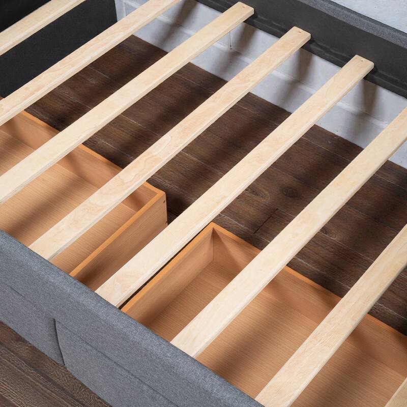 Upholstered Twin Size Daybed with Two Storage Drawers, Linen Fabric Daybed Frame with Wood Slat Support