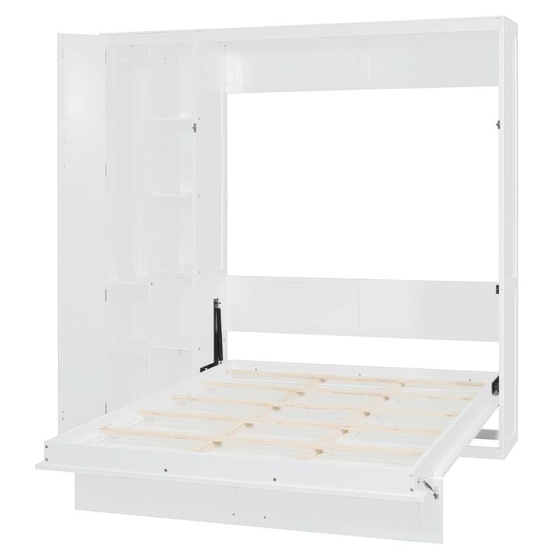 Queen Size Wall Bed with Shelves, Wardrobe, and LED Lights, Space-Saving Design, White