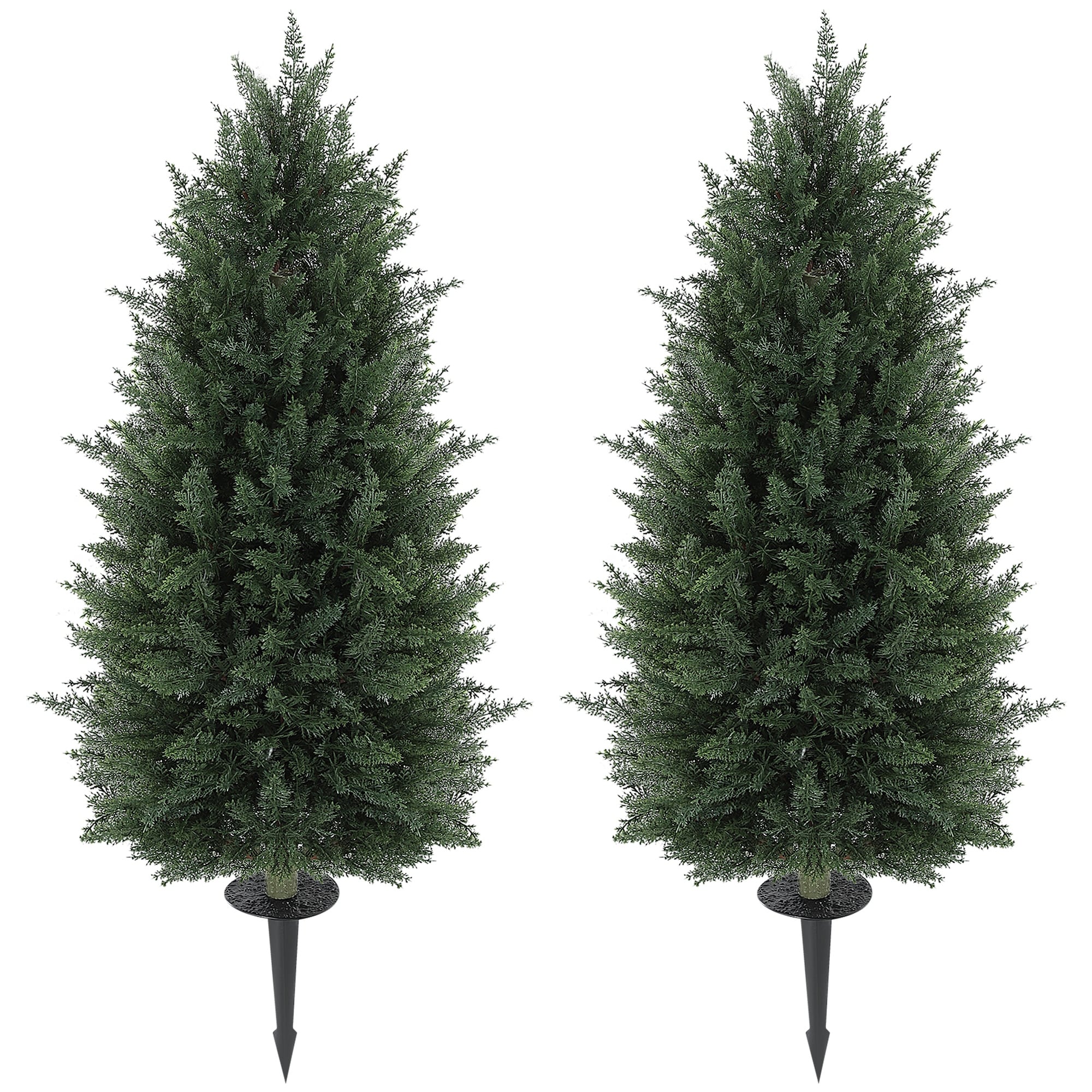 HOMCOM 43.3 Inch Set of 2 Artificial Topiary Cedar Trees, Indoor Outdoor Faux Pine Shrubs Plants with Ground Stake for Garden
