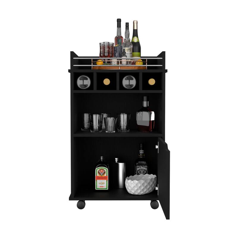 Phoenix Bar Cart with 2 Open Shelves 4 Wine Cubbies and Cabinet