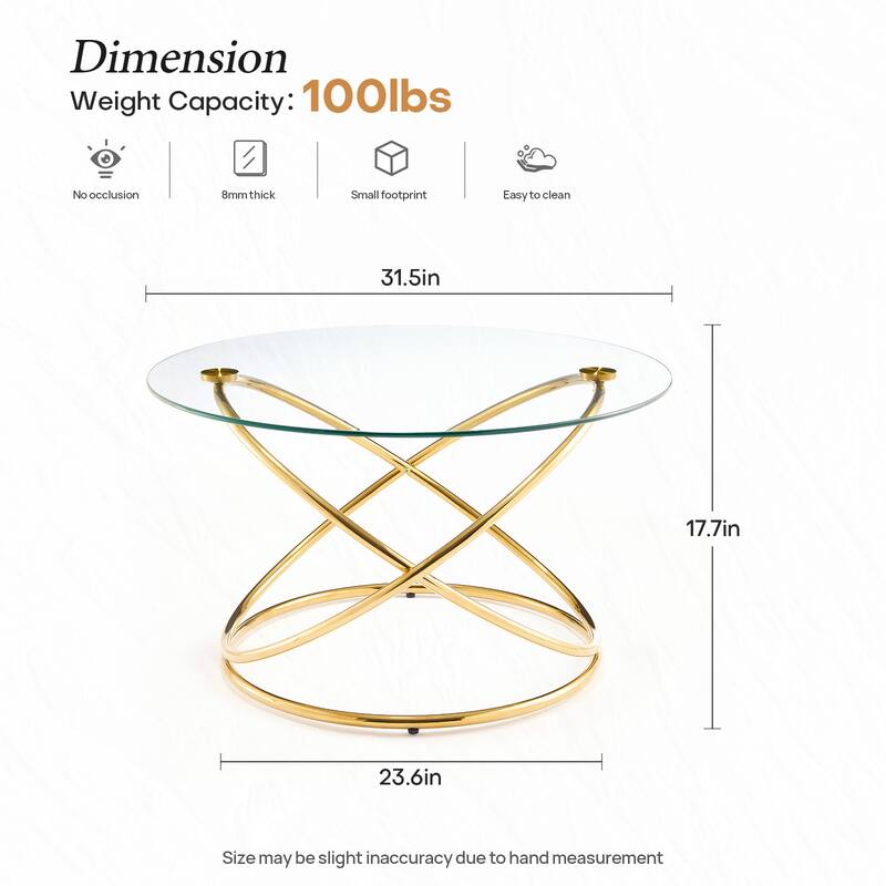 Tempered Glass Top Round Coffee Table with Metal Base - 31.5"Dia Top x 17.7"H x 23.6"Dia Base