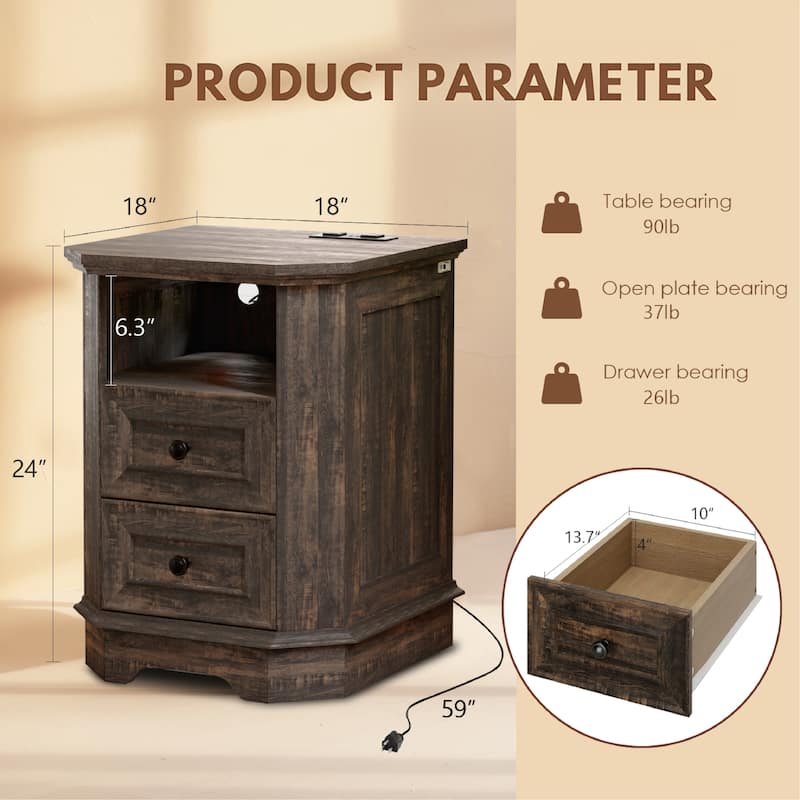 Farmhouse Nightstand with Charging Station and Versatile Storage