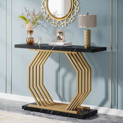 39.37'' Gold Console Table, Modern White Marble Sofa Table with Geometric Metal Base