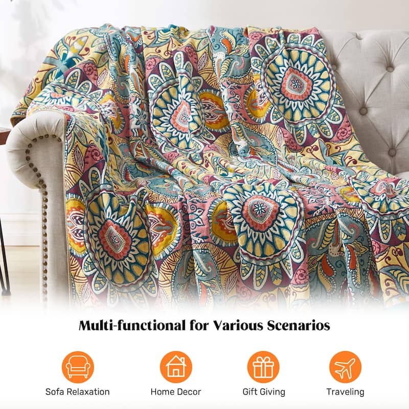 100% Cotton Boho Floral Thermal Breathable Jacquard Throw Blankets