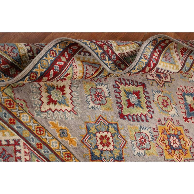 Grey Geometric Kazak Oriental Area Rug Hand-Knotted Wool Carpet - 5'1" x 6'7"