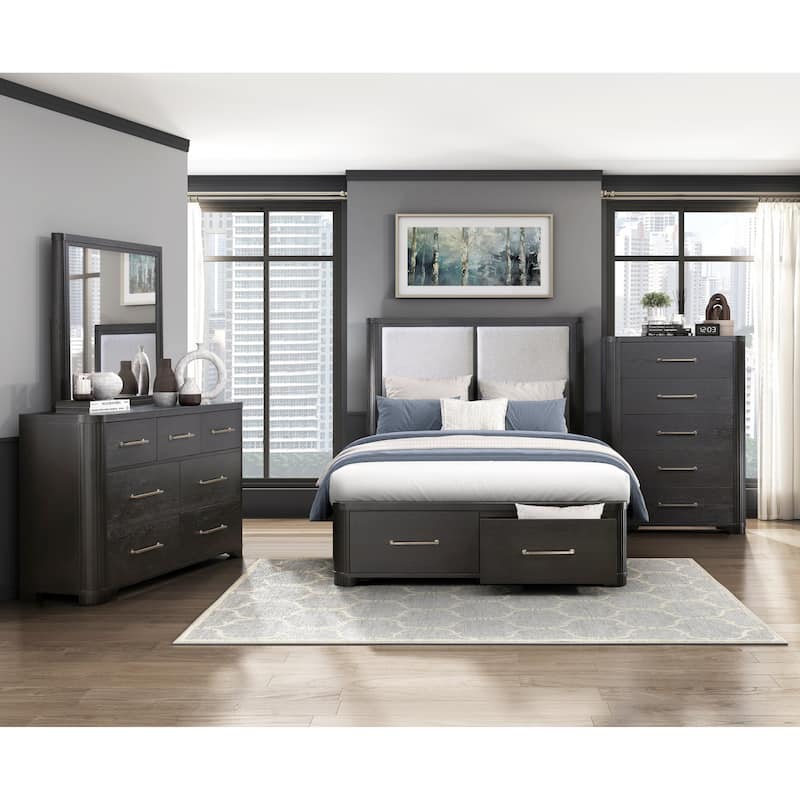Modern Bedroom Set 4pc Furniture Bed Dresser Mirror Chest Charcoal Finish