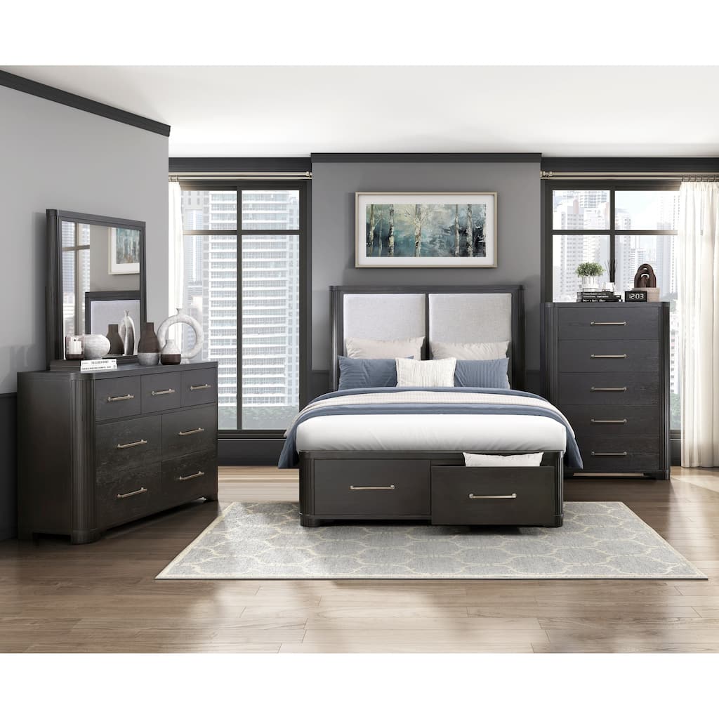 Modern Bedroom Set 4pc Furniture Bed Dresser Mirror Chest Charcoal Finish
