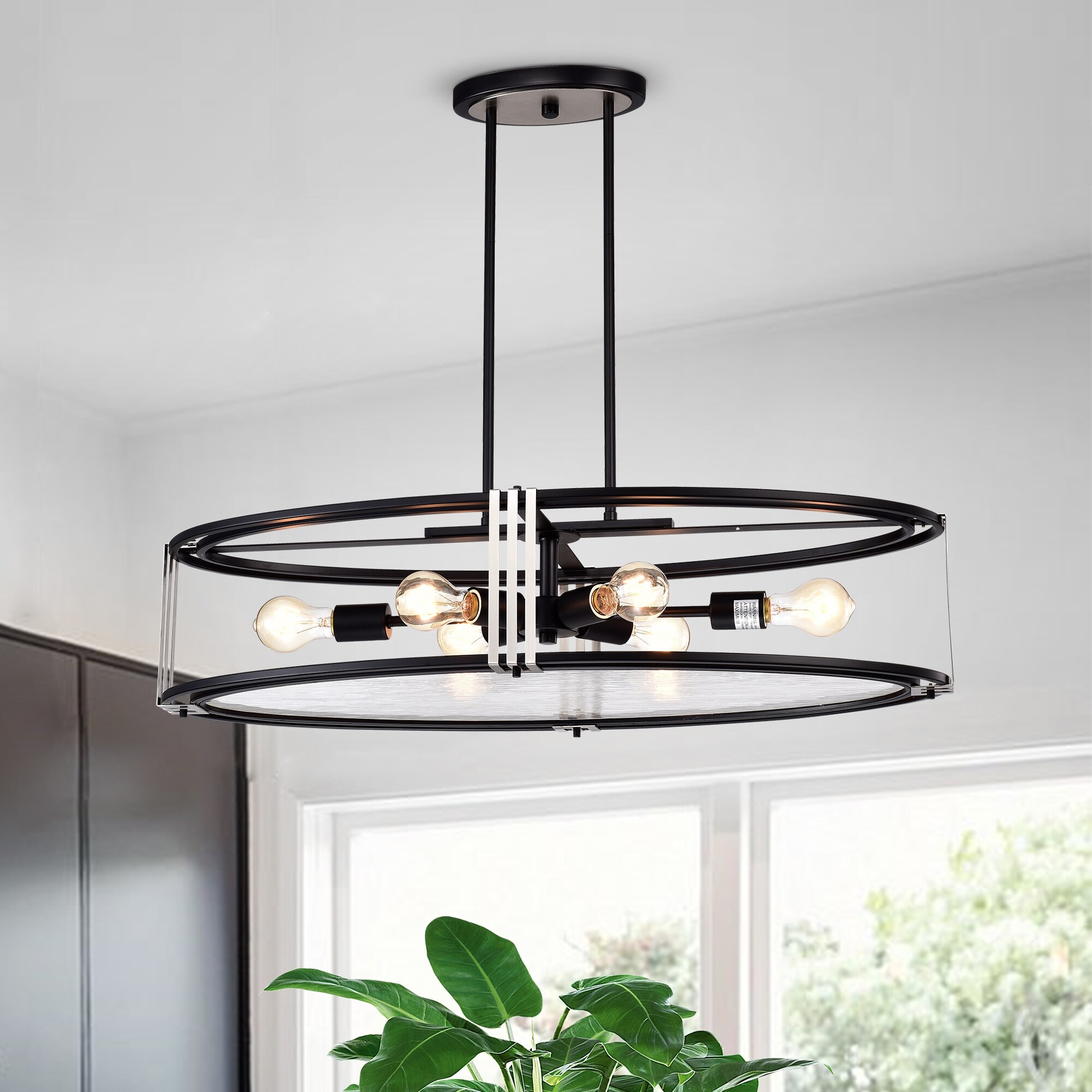 6 Light Black and Brushed Nickel Oval Kitchen Island Chandelier Pendant Light with Glass