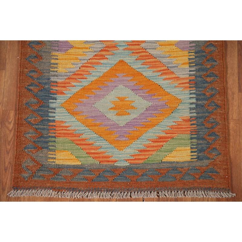Hand Woven Oriental 100% Wool Carpet Southwestern Geometric Multi-Colored Kilim Runner Rug - 7' 6'' X 2' 5''