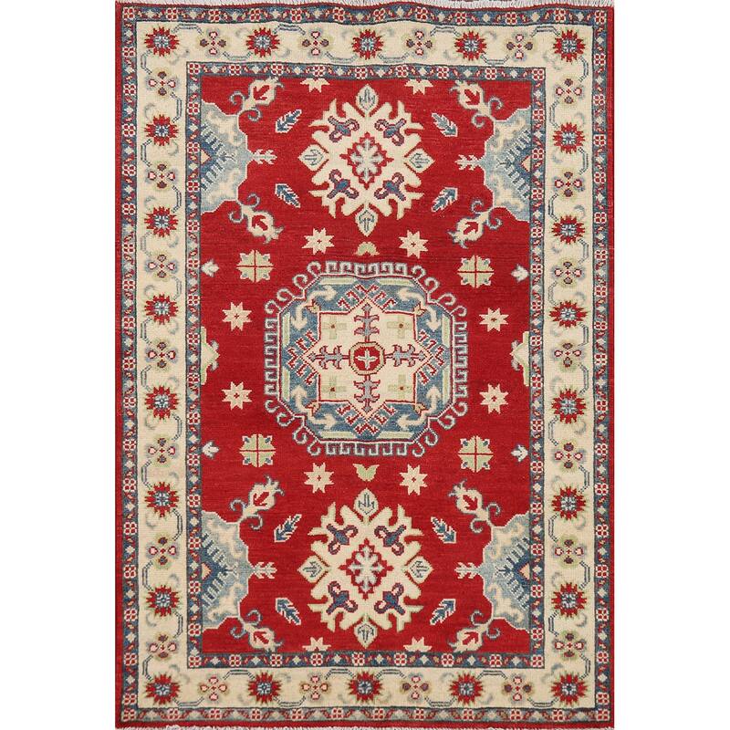 Red Geometric Kazak Rug Hand-Knotted Wool Carpet - 3'5" x 5'0"