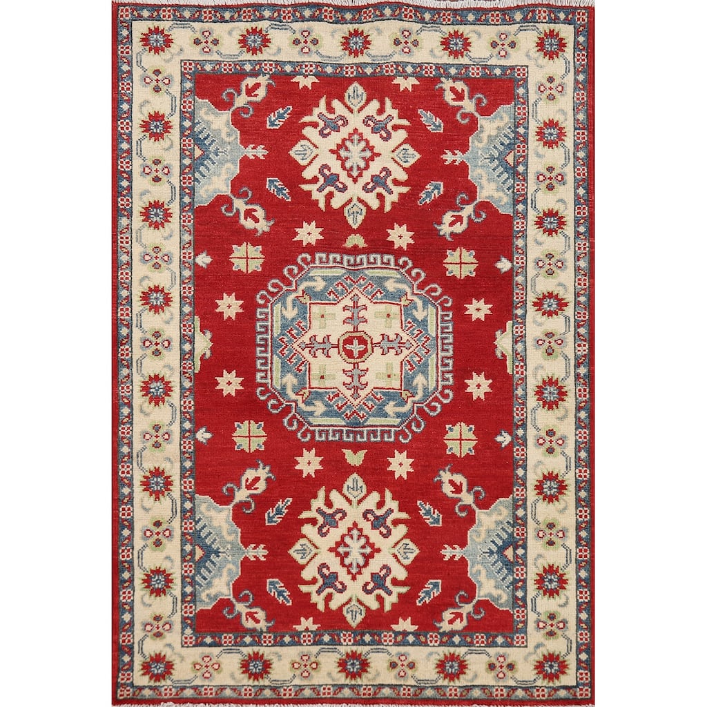 Red Geometric Kazak Rug Hand-Knotted Wool Carpet - 3'5" x 5'0"