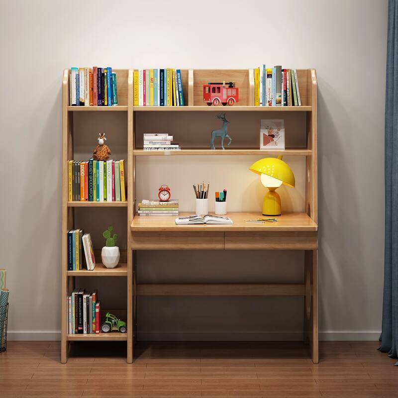 Natural Wood 2-Drawer Kids Desk with Hutch