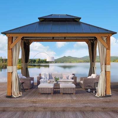 Hardtop Wood Gazebo for Patio, Outdoor Cedar/Spruce Pergola with Metal or Asphalt Roof, All-Weather Backyard Shelter