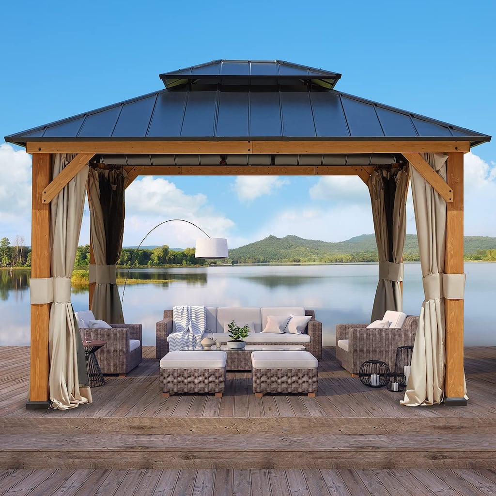 Hardtop Wood Gazebo for Patio, Outdoor Cedar/Spruce Pergola with Metal or Asphalt Roof, All-Weather Backyard Shelter