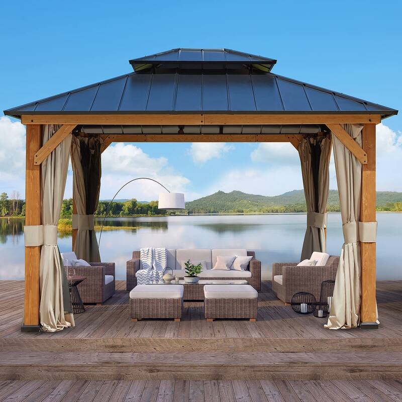Cedar Wood Gazebo for Outdoors - Hardtop Waterproof Backyard Pergola, Natural Wood Patio Cover with Easy Assembly - 11'x13' - Cedar