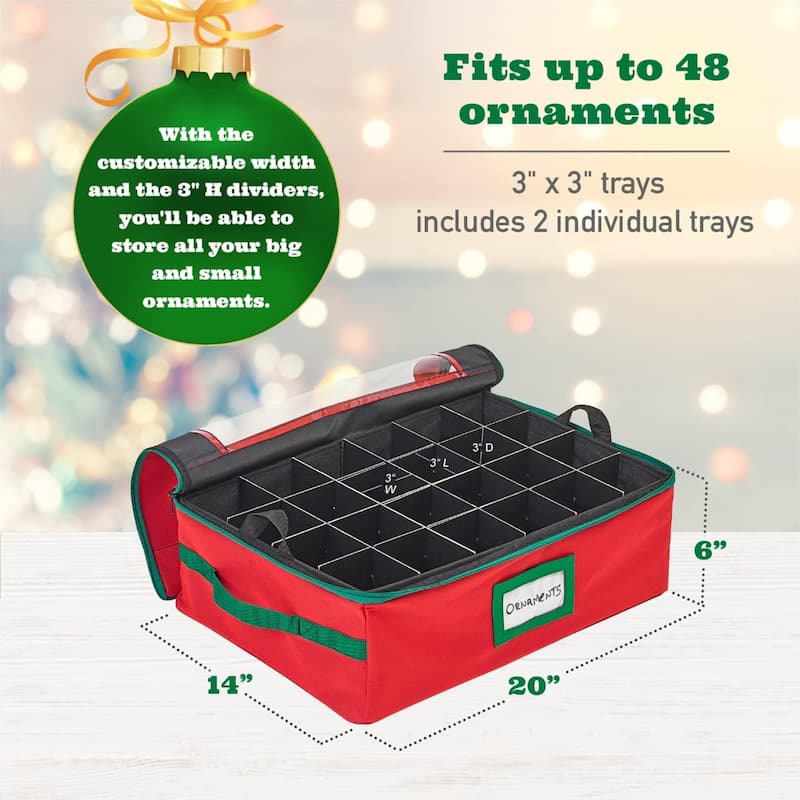 Underbed Christmas Ornament Storage Container - Holds up to 48-3 Inch Ornaments – Two Individual Removable Trays