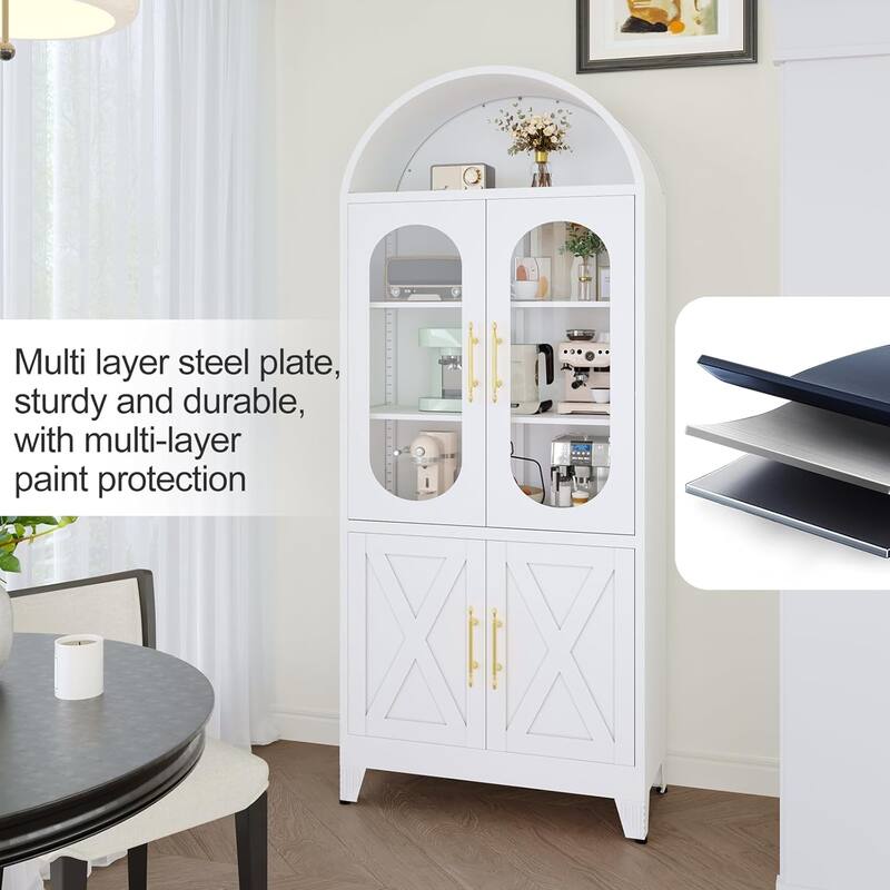 73" H Metal Tall Arched Kitchen Pantry Cabinet with Glass Door
