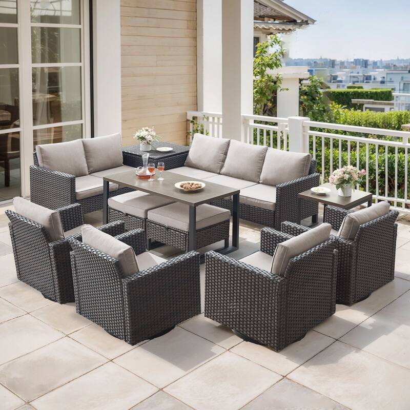 Gymojoy 9 Person Outdoor Courtyard Wicker Family Conversation Set Group With Swivel Chairs And Storage