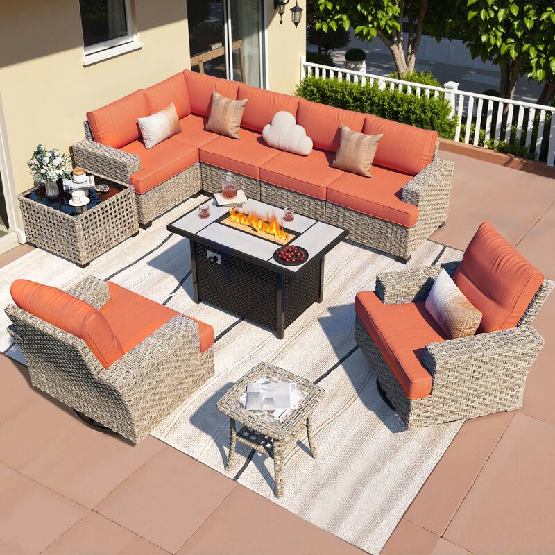 HOOOWOOO 10-piece Wicker Rattan Patio Sectional Set with Fire Pit Table - Red/Orange