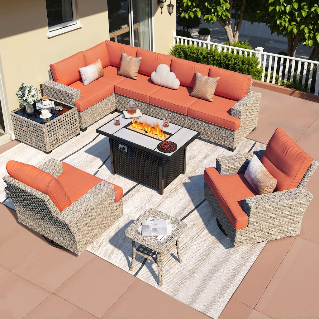 HOOOWOOO 10-piece Wicker Rattan Patio Sectional Set with Fire Pit Table