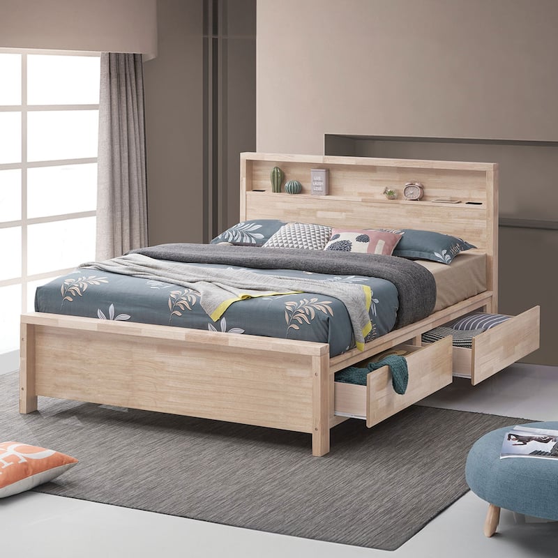 Furniture of America Iloria Modern White Oak Solid Wood Plaform Bed with USB Ports, Shelf and Drawers - Washed White
