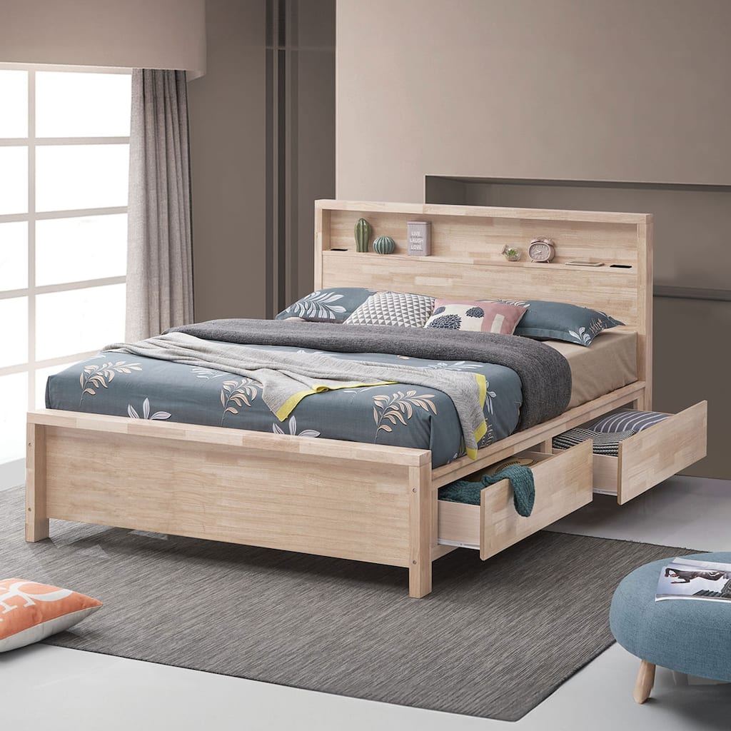 Furniture of America Iloria White Oak Solid Wood Kids Plaform Bed with USB Ports, Shelf and Drawers
