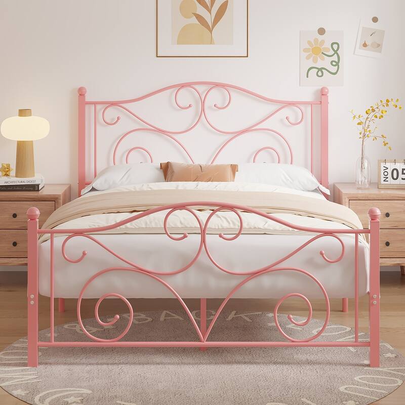 Victorian Style Metal Bed Frames with Headboard,No Box Spring Needed - Pink - Queen