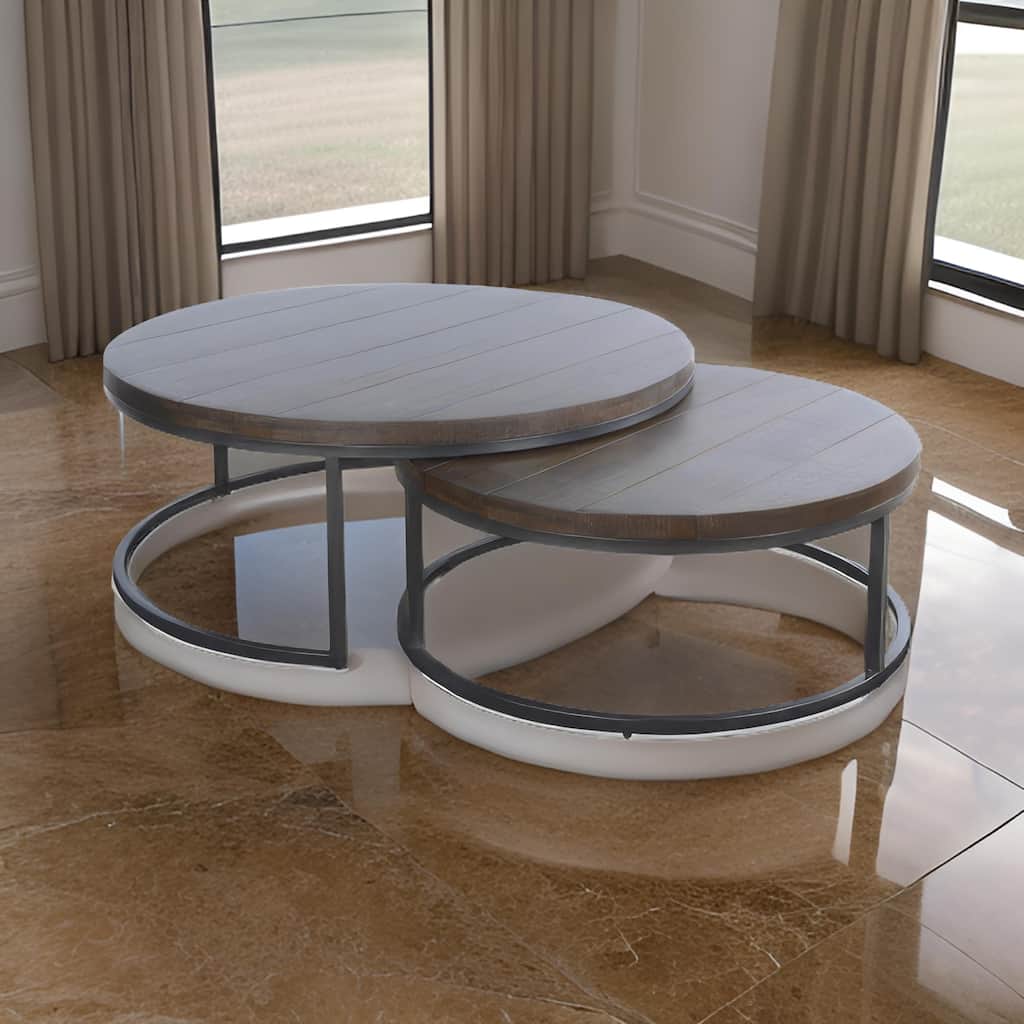 Rena 2 Piece Nesting Coffee Tables, Dark Brown Mahogany, Black Metal