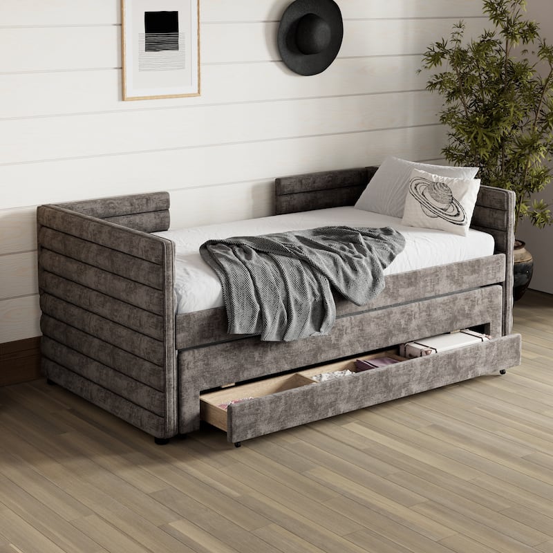 Twin Size Upholstered Daybed, Sofa Bed with Pull-Out Trundle, Sleeper Couch Settee with 3 Storage Drawers