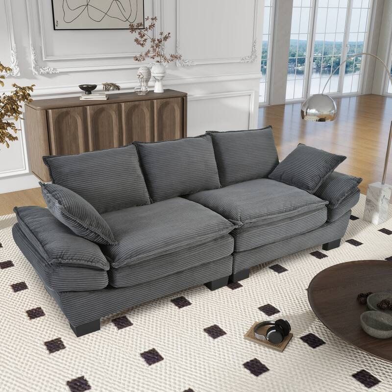 85.4" Modern Curved Sofa, Back Upholstered Couch with 2 Decorative Throw Pillows, Corduroy Fabric Couch