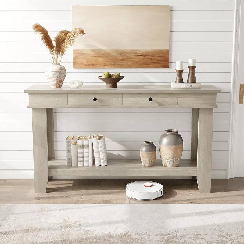 2 Tier Farmhouse Entryway Table, Console Table with 2 Storage Drawers