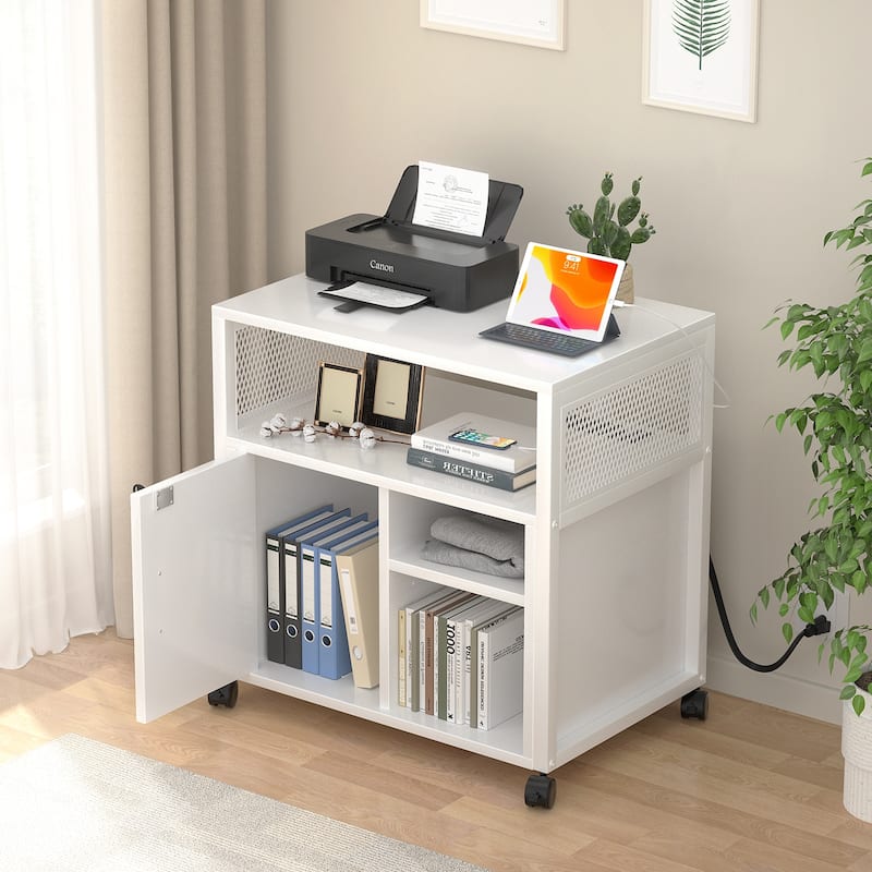 Rolling File Cabinet Lateral Office Filing Cabinets with Charging Station,Modern Printer Stand on Wheels