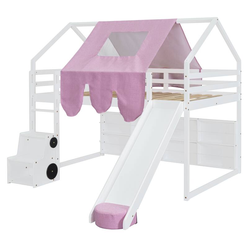 House-Shaped Wooden Loft Bed with Tent, Slide & Storage - Twin/Full Size in White & Pink