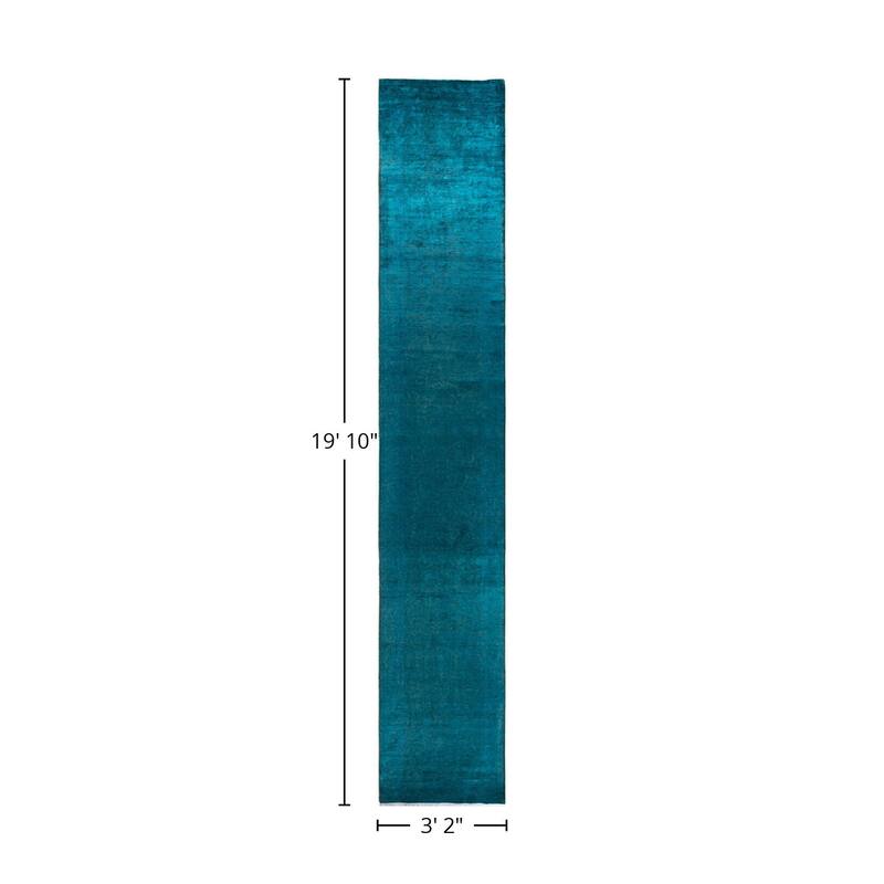 Overton Hand Knotted Wool Vintage Inspired Modern Contemporary Overdyed Blue Runner Rug - 3' 2" x 19' 10"