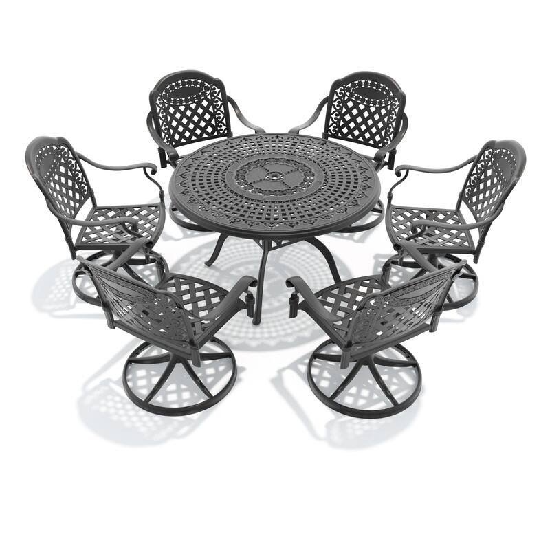 7-Piece Aluminum Round Outdoor Patio Dining Set, 6 Cushioned Swivel Chairs, Table, All-Weather Frames