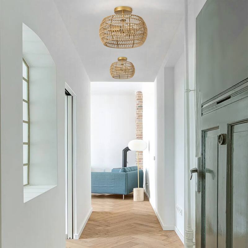Farmhouse Painted Gold 2-Light Hand-woven Boho Semi Flush Mount Ceiling Light